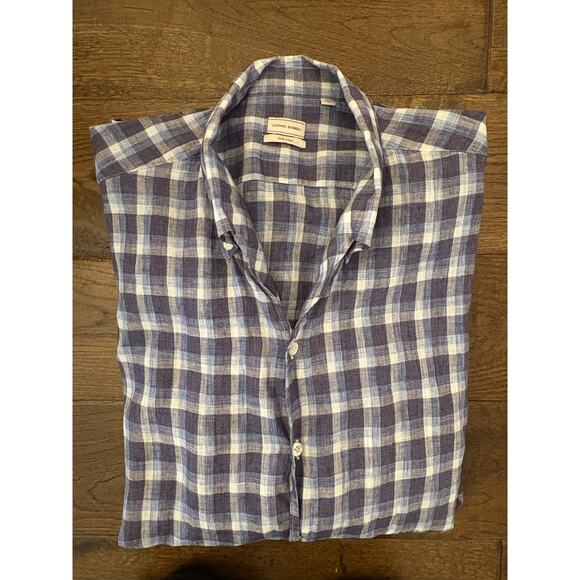Luciano Barbera XL Mens Linen Button Down UP Shirt Plaid Blue White Print Worn 1 - Picture 4 of 5